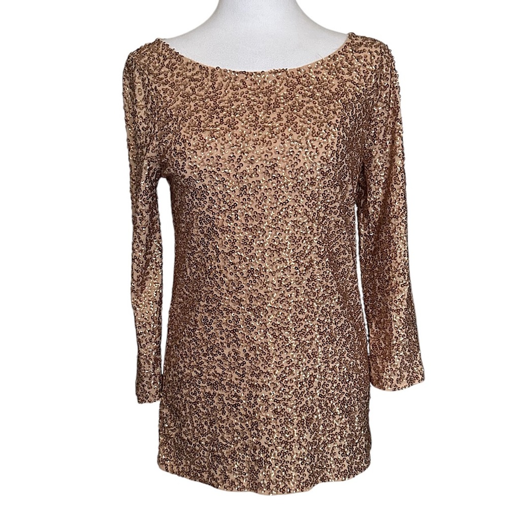 NWT J. Crew Top Women’s Rose Gold All Over Sequin 3/4 Sleeve Sz S Party Holiday